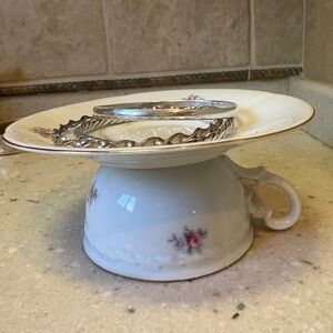 Upcycled Pedestal Stand – Vintage Teacup & Saucer with Floral Detail